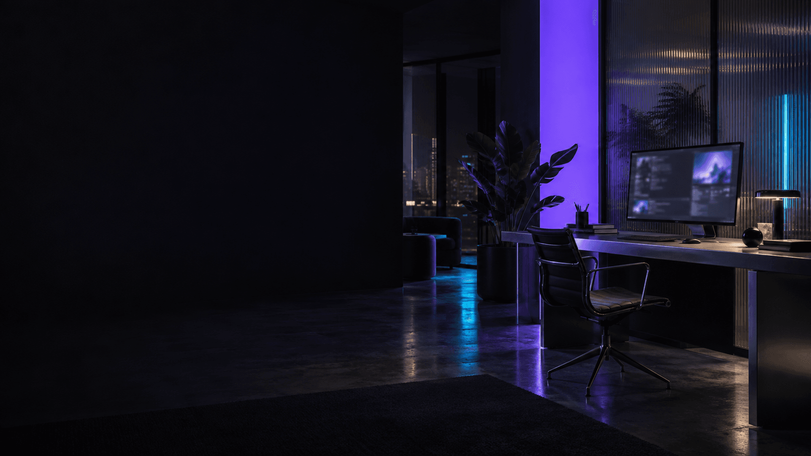 Творческо студио в лилава и синя светлина